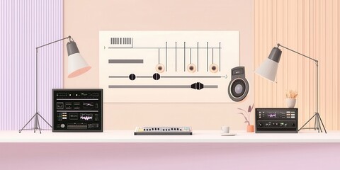 A modern workspace with audio equipment and creative tools.