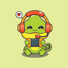 Chameleon play a game cartoon vector illustration