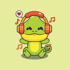 Chameleon listening music with headphone cartoon vector illustration