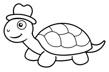 Happy Cartoon Turtle with a Tiny Hat - Line Art Illustration