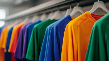 Obraz premium Rows of colorful team jerseys hanging in a locker room against a neutral background representing March Madness preparations 