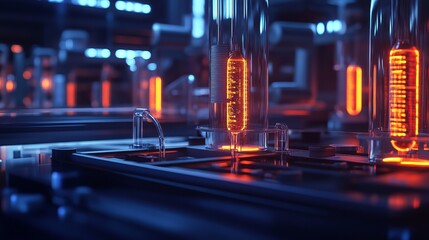 Advanced lab producing glowing genetically engineered medicines in sterile tubes