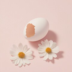 Cracked white egg beside two daisies on pink background.