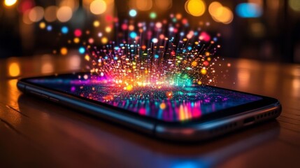 Fototapeta premium Black smartphone with colorful abstract design on wooden table against night cityscape background, futuristic and energetic atmosphere