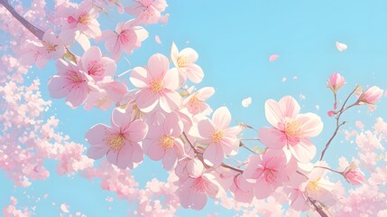Fototapeta premium Delicate pink blossoms against a soft blue sky in springtime, evoking freshness and renewal