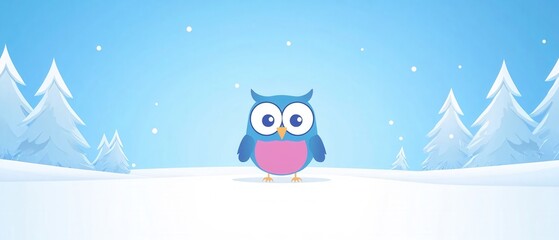 Naklejka premium Adorable Cartoon Owl in Snowy Winter Wonderland Scene