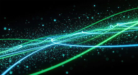 Background with glowing light blue and green lines, particles of data flowing in the air.