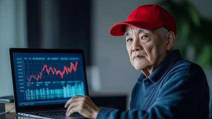 Elderly Asian man in a red baseball cap analyzing stock market charts on a laptop, concept of wisdom and financial growth, labor day