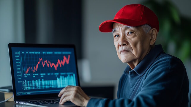 Elderly Asian man in a red baseball cap analyzing stock market charts on a laptop, concept of wisdom and financial growth, labor day - Powered by Adobe