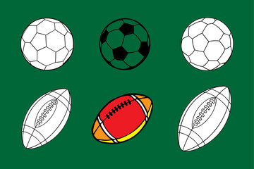 set of soccer balls Sport balls include soccer, baseball, tennis and volleyball ,football. Also softball, basketball, bowling and hockey puck.