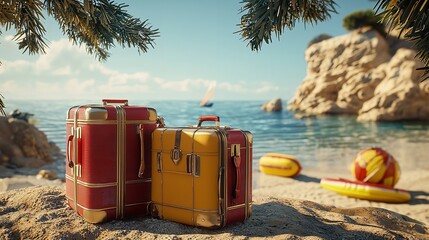 Fototapeta premium Packed Suitcases and Beach Bag Near Colorful Wall