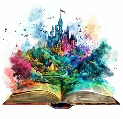 Fantasy world emerges from an open book with a vibrant castle and colorful landscape