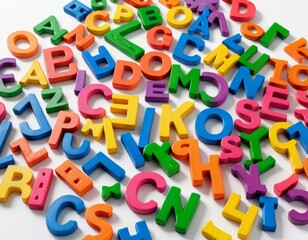 Fototapeta premium Vibrant Colorful Alphabet Letters Scattered on White Background: Perfect for Educational Resources and Creative Designs