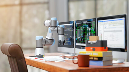 3D render: View of robot engineer's desktop , Model of AGV (automated guided vehicle) with Cobot (collaborative robot) are being programmed in LAB.