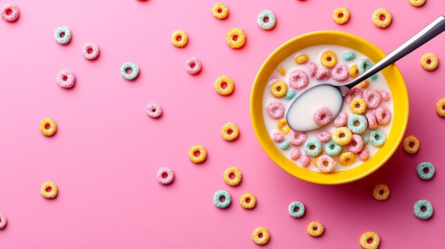 A spoon lifting rainbow-colored cereal loops dripping with milk over a bright yellow bowl on a sunny kitchen table for National Cereal Day - Powered by Adobe