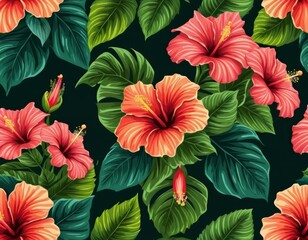 Vibrant Hibiscus Flowers and Lush Tropical Leaves Seamless Pattern: Exotic Floral Design for Textile, Wallpaper, and Fashion