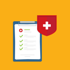 Obraz premium Medical healthcare insurance. Red shield on patient protection policy and pen. Medicine symbol. 