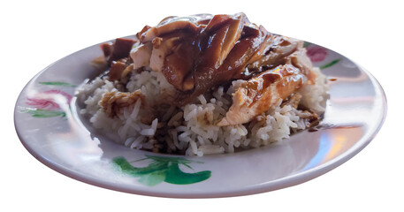 A collage of tasty chicken rice is isolated on a PNG background—delicious soy sauce chicken rice...