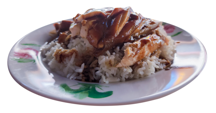 A collage of tasty chicken rice is isolated on a PNG background—delicious soy sauce chicken rice from a hawker stall in Singapore.