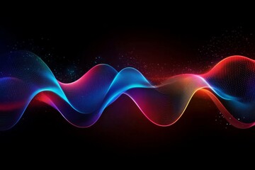 Abstract digital art with vibrant blue and red waveform pattern on a dark background with futuristic cityscape vibes