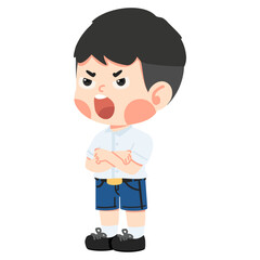 Kid student feels angry with his arms crossed
