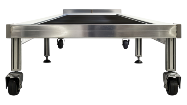 Metal conveyor system with wheels designed for efficient transport transparent background