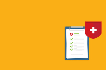 Medical healthcare insurance. Red shield on patient protection policy and pen. Medicine symbol. 