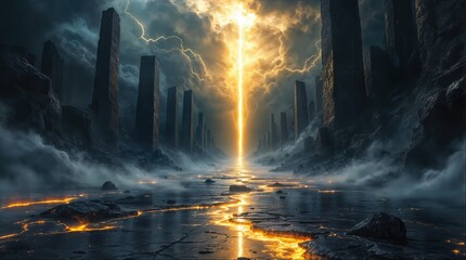 Apocalyptic Landscape with Fiery Lava River, Lightning Pillar, and Towering Rock Formations