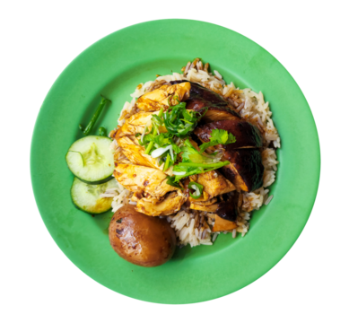 A collage of tasty chicken rice is isolated on a PNG background—delicious soy sauce chicken rice from a hawker stall in Singapore.