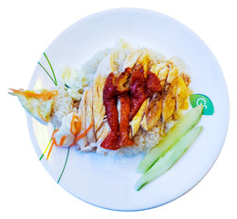 A collage of tasty chicken rice is isolated on a PNG background—delicious soy sauce chicken rice...