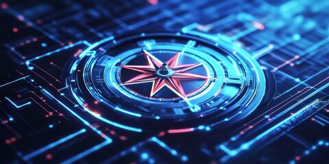 Compass Rose Close-Up on Dark Blue Background with Colorful Circles and Stars - Futuristic Technological Design in Blue and Red