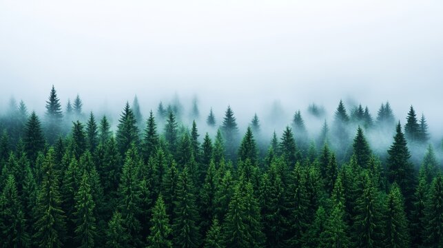 A misty morning in a pine forest with soft sunlight breaking through the fog, creating a serene and peaceful vibe for International Day of Forests  - Powered by Adobe