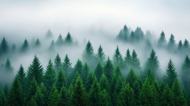 A misty morning in a pine forest with soft sunlight breaking through the fog, creating a serene and peaceful vibe for International Day of Forests 