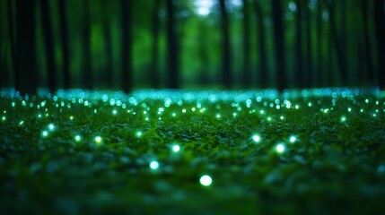 A magical scene of a forest illuminated by soft glowing lights and fireflies, creating an enchanting atmosphere for International Day of Forests 
