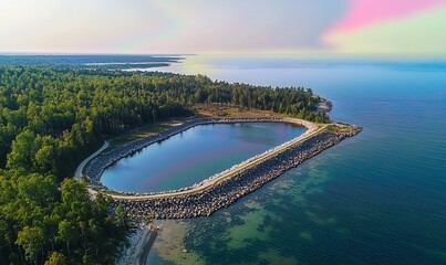Aerial view of a tranquil harbor, calm blue water, forest coastline, iridescent sky.