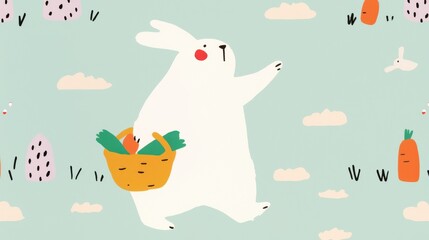 Rabbit watercolor concept. Whimsical Plump Bunny Carrying Basket of Fresh Veggies in Vibrant Illustrated Scene