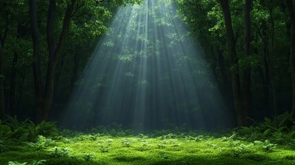 Obraz premium A lush forest with sunlight streaming through the dense canopy, creating a golden glow on the moss-covered ground for International Day of Forests 