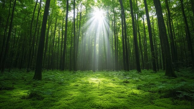 A lush forest with sunlight streaming through the dense canopy, creating a golden glow on the moss-covered ground for International Day of Forests 
