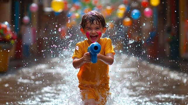 A joyful child running through a street holding a water gun with bright colors splashed all around for Holi celebration 
