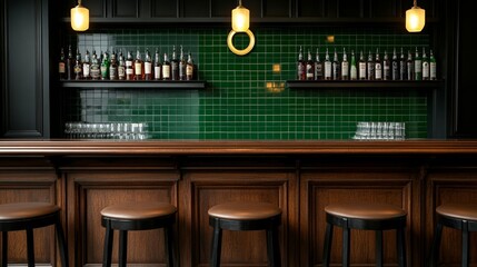 A golden horseshoe hanging above a finely crafted wooden bar with shelves of Irish whiskey and emerald green tiles for an elegant Irish pub design 