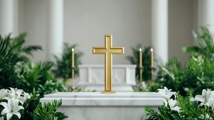 A golden Easter cross placed on a polished marble altar surrounded by lush greenery, white lilies, and vibrant candles for an elegant church scene 