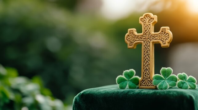 A golden Celtic cross resting on a green velvet cushion, surrounded by shamrocks and illuminated by soft candlelight for a timeless St Patrick's Day tribute 