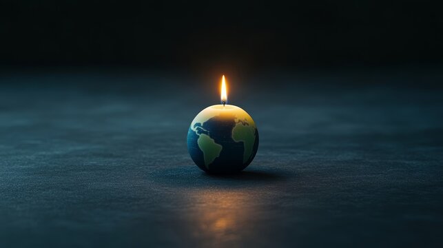 A glowing candle in the shape of Earth illuminating a dark room, symbolizing unity and conservation for Earth Hour 