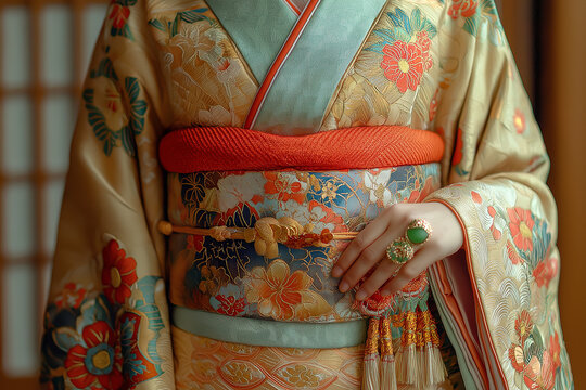 A detailed close-up of a traditional Japanese kimono sleeve with floral embroidery, paired with an ornate obi belt and elegant accessories in a tatami room.