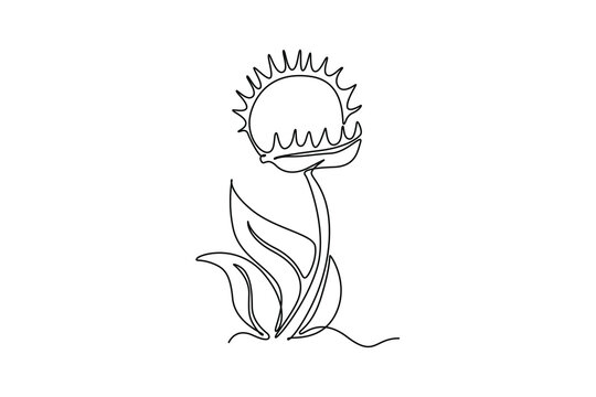 Single one line drawing beauty fresh venus flytrap for home wall decor art poster print. Decorative of dionaea muscipula for video game enemy. Continuous line draw design graphic vector illustration