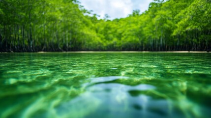 A dense mangrove forest with twisted roots visible in the clear water below, showcasing unique ecosystems for International Day of Forests
