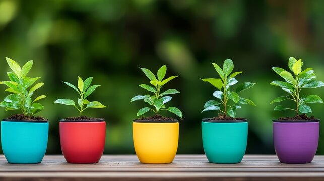 A diverse group of saplings in colorful pots ready for planting on a wooden table, symbolizing reforestation for International Day of Forests - Powered by Adobe