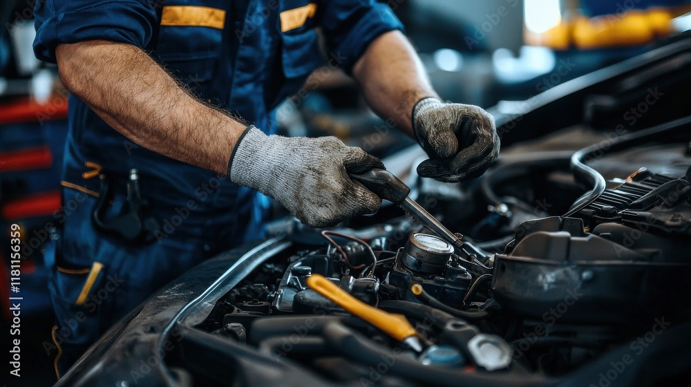 Poster A mechanic working on a vehicle with visible tools and oil stains isolated