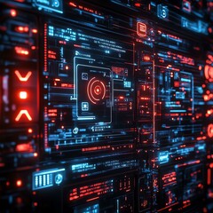 Obraz premium Futuristic digital interface featuring vibrant red and blue circuitry patterns. Ideal for concepts related to artificial intelligence, data processing, and modern technology.