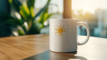 A coffee mug with a clock design and a rising sun icon on a sunny breakfast table symbolizing Daylight Saving Time start 